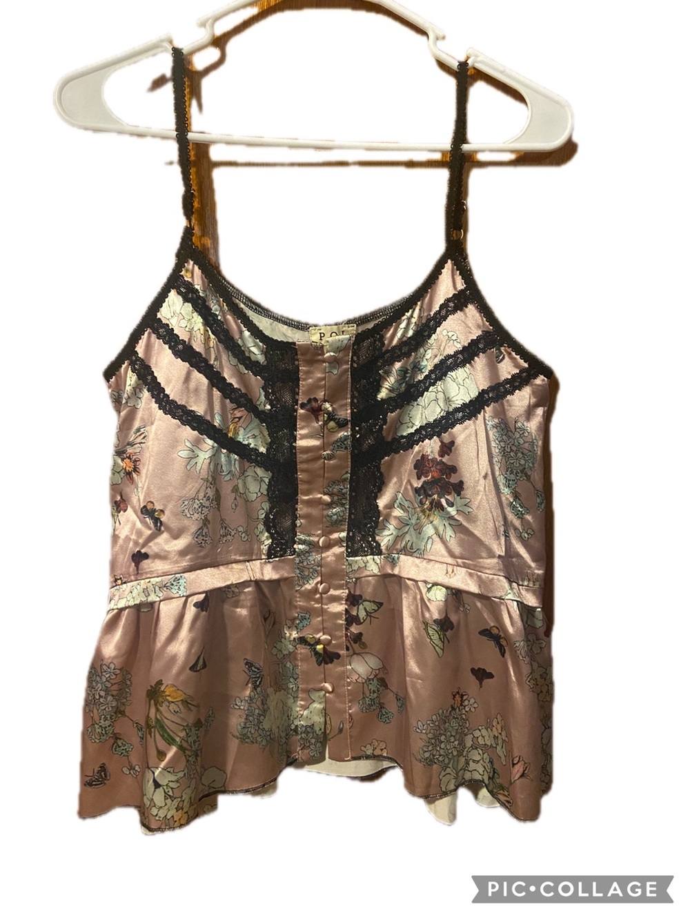 POL Pink Floral Cami with Black Lace Trim